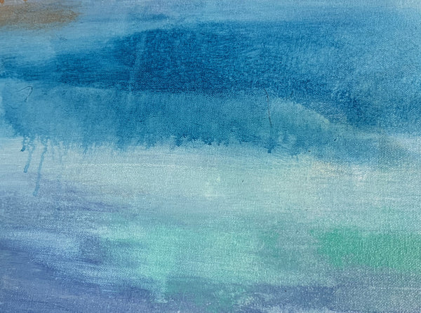 Long wall painting in rich blues with a hint of green, purple and gold. Abstract ocean and sea waters. calming and great for over the bed. Earthy work by Jennifer Marosy-Shoemaker. Earthartproject.org. 20% donated to charity!